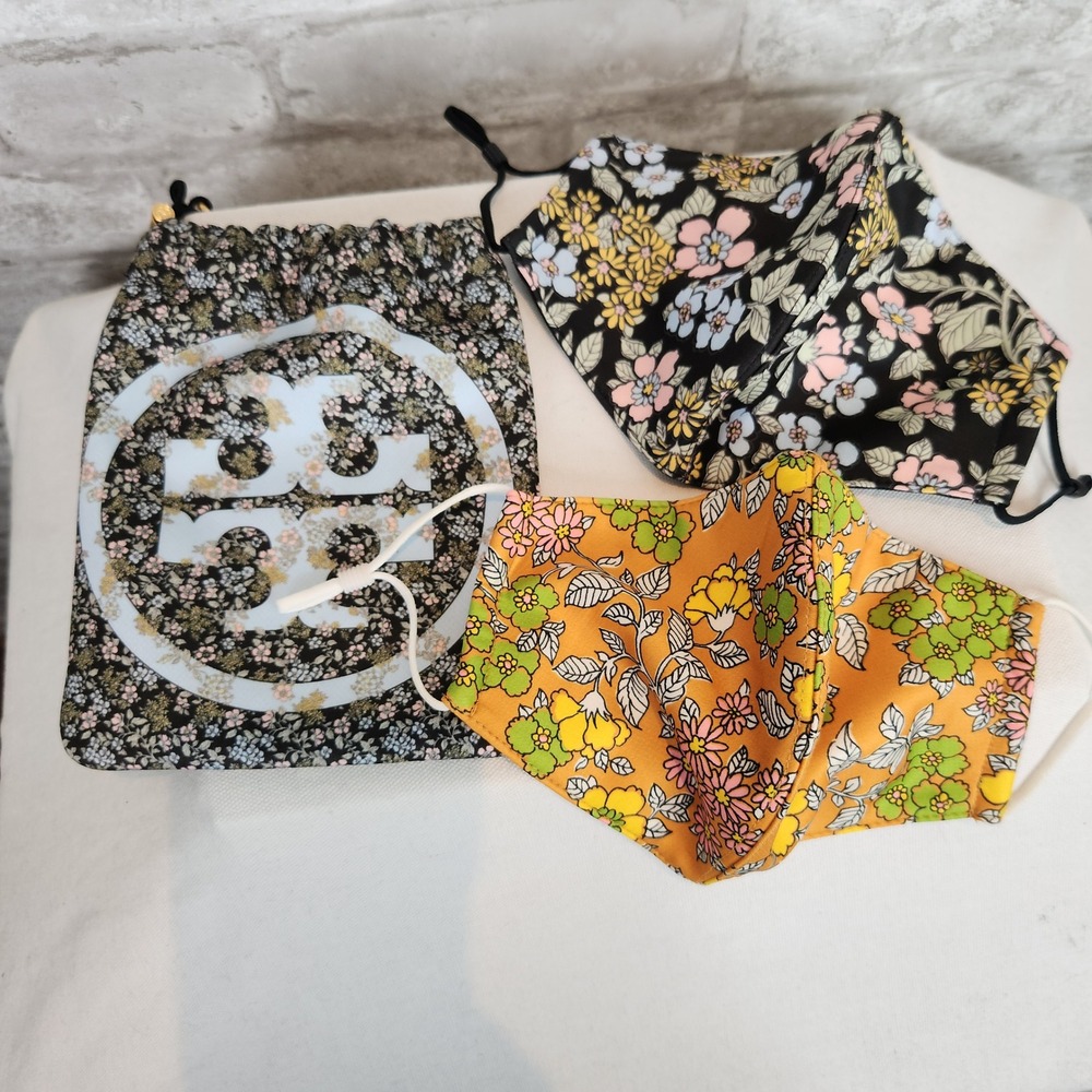 Tory Burch Face Mask Set Floral Print Reusable Adjustable Pouch One Size